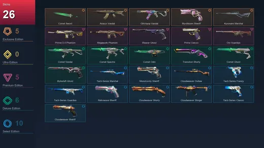 EU | Comet Sword | Araxys Vandal | Glitchpop Vandal | Mystbloom Sheriff | 26 Skin | 28 Agent | 74 Buddy | Lv141
