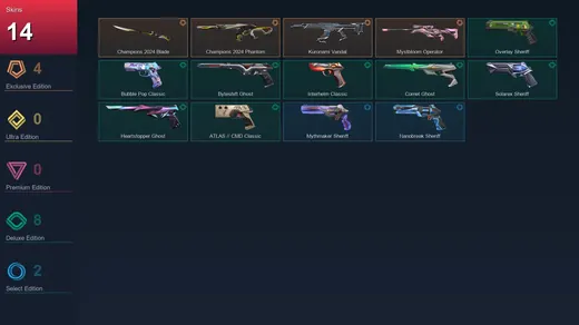 AP | Champions 2024 Blade | Champions 2024 Phantom | Kuronami Vandal | Mystbloom Operator | 14 Skin | 28 Agent | 53 Buddy | Lv170 — Valorant account