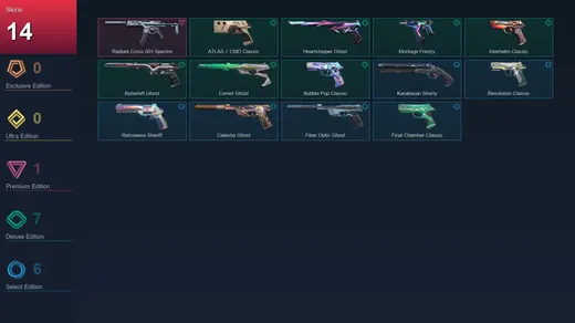LA | Radiant Crisis 001 Spectre | ATLAS // CMD Classic | Heartstopper Ghost | Montage Frenzy | 14 Skin | 26 Agent | 64 Buddy | Lv297