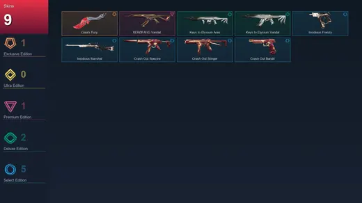 EU | Gaia's Fury | XERØFANG Vandal | Keys to Elysium Ares | Keys to Elysium Vandal | 9 Skin | 14 Agent | 22 Buddy | Lv40