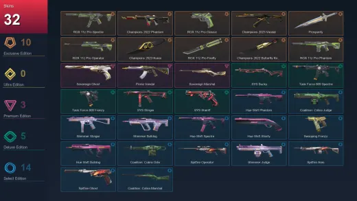 AP | RGX 11z Pro Spectre | Champions 2022 Phantom | RGX 11z Pro Classic | Champions 2023 Vandal | 32 Skin | 12 Agent | 41 Buddy | Lv60