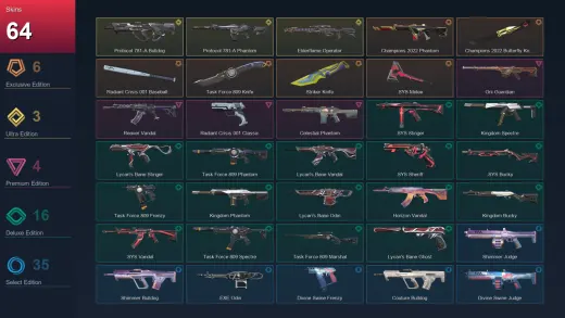EU | Champions 2022 Phantom | Champions 2022 Butterfly Knife | Radiant Crisis 001 Baseball Bat | 64 Skin | 17 Agent | 71 Buddy | Lv114