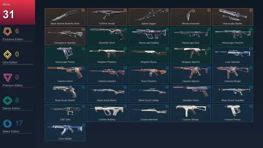 EU | Black.Market Butterfly Knife | CYRAX Vandal | Spline Dagger | Minima Karambit | 31 Skin | 28 Agent | 55 Buddy | Platinum I | Lv104 — Valorant account