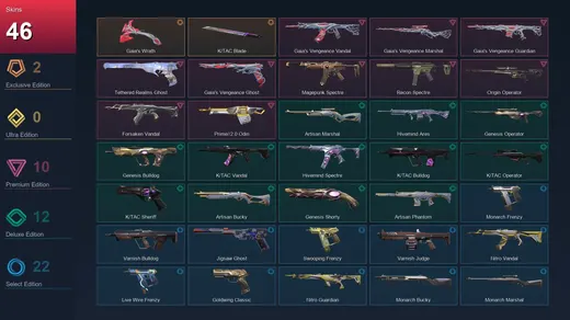 AP | Gaia's Wrath | K/TAC Blade | Gaia's Vengeance Vandal | Gaia's Vengeance Marshal | 46 Skin | 21 Agent | 54 Buddy | Lv94
