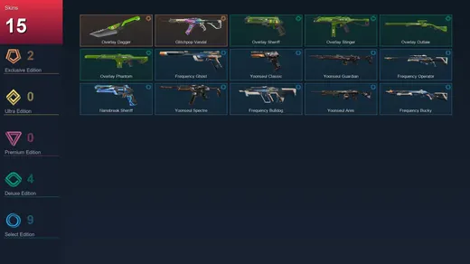 AP | Overlay Dagger | Glitchpop Vandal | Overlay Sheriff | Overlay Stinger | 15 Skin | 17 Agent | 25 Buddy | Lv65