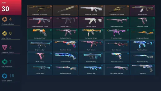 EU | Champions 2023 Vandal | Recon Balisong | Spectrum Phantom | Champions 2023 Kunai | 30 Skin | 14 Agent | 24 Buddy | Lv36 — Panoramic Bucky