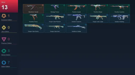EU | Blackthorn Vandal | Montage Frenzy | Paceline Vandal | Paceline Stinger | 13 Skin | 13 Agent | 21 Buddy | Iron III | Lv41