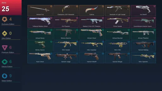 NA | Artisan Foil | Champions 2021 Karambit | Catrina | Sentinels of Light Vandal | 25 Skin | 23 Agent | 44 Buddy | Lv70