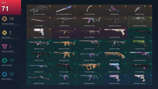 EU | Kuronami no Yaiba | Yoru's Stylish Butterfly Comb | Velocity Karambit | Montage Axe | 71 Skin | 29 Agent | 114 Buddy | Lv228