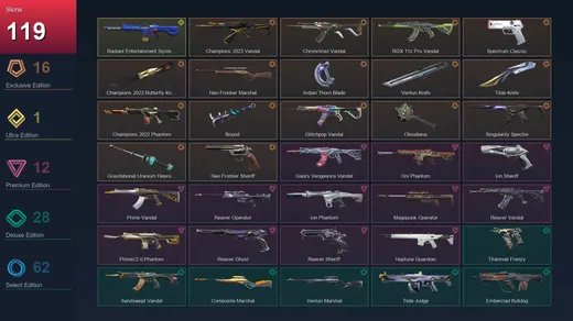 EU | Champions 2023 Vandal | ChronoVoid Vandal | RGX 11z Pro Vandal | Spectrum Classic | 119 Skin | 27 Agent | 125 Buddy | Lv206