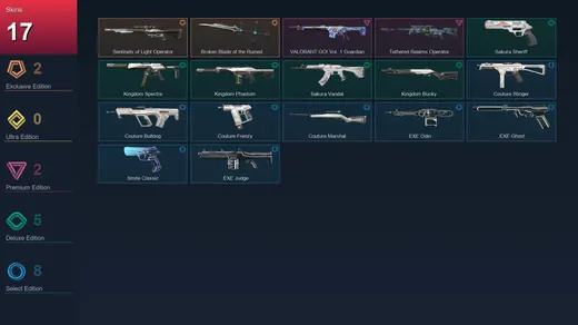 EU | Sentinels of Light Operator | Broken Blade of the Ruined King | VALORANT GO! Vol. 1 Guardian | 17 Skin | 18 Agent | 25 Buddy | Lv42