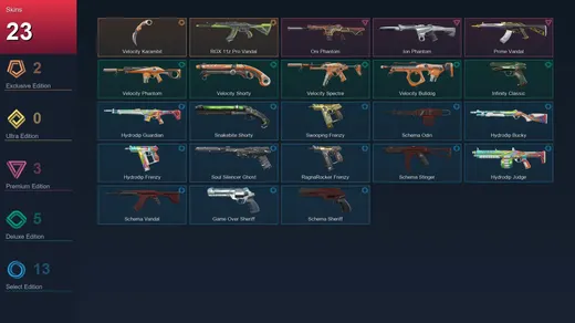 EU | Velocity Karambit | RGX 11z Pro Vandal | Oni Phantom | Ion Phantom | 23 Skin | 19 Agent | 51 Buddy | Lv96 — Valorant account