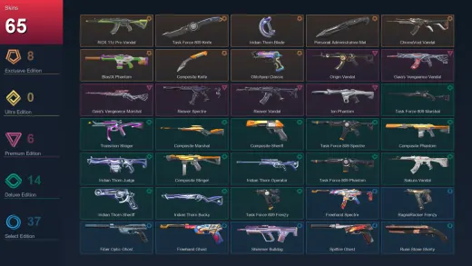AP | RGX 11z Pro Vandal | Task Force 809 Knife | Iridian Thorn Blade | Personal Administrative Melee Unit | 65 Skin | 24 Agent | 85 Buddy | Lv199