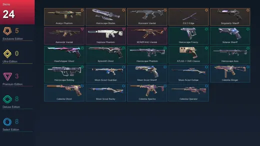 AP | Araxys Phantom | Hieroscape Blades | Kuronami Vandal | EX.O Edge | 24 Skin | 28 Agent | 50 Buddy | Lv145 — Valorant account