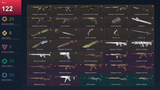 EU | Champions 2021 Vandal | Champions 2022 Phantom | Champions 2023 Vandal | Champions 2024 Phantom | 122 Skin | 25 Agent | 114 Buddy | Lv143