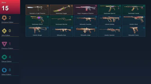 LA | Sentinels of Light Phantom | Sandswept Dagger | Gaia's Vengeance Phantom | Sandswept Spectre | 15 Skin | 17 Agent | 20 Buddy | Lv45