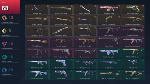 EU | Montage Axe | RGX 11z Pro Outlaw | Evori's Spellcaster | Mystbloom Judge | 68 Skin | 28 Agent | 66 Buddy | Platinum I | Lv114 — Valorant account