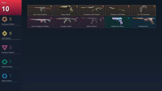 AP | Neo Frontier Phantom | Araxys Sheriff | Champions 2024 Phantom | Champions 2024 Blade | 10 Skin | 27 Agent | 43 Buddy | Lv101