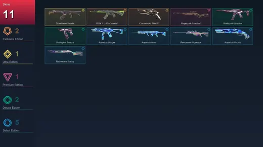 EU | RGX 11z Pro Vandal | ChronoVoid Sheriff | Elderflame Vandal | Magepunk Marshal | 11 Skin | 11 Agent | 13 Buddy | Lv32