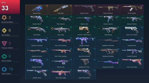 AP | Solarex Relic | Tilde Knife | Reaver Ghost | Recon Phantom | 33 Skin | 28 Agent | 69 Buddy | Lv142 — Valorant account