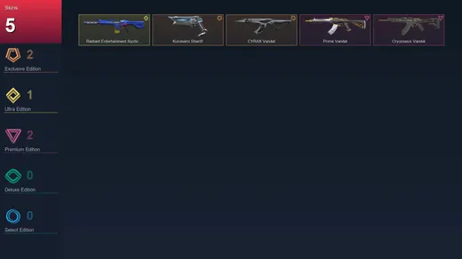 AP | Kuronami Sheriff | CYRAX Vandal | Radiant Entertainment System Phantom | Prime Vandal | 5 Skin | 12 Agent | 11 Buddy | Lv36