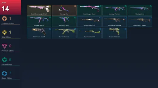 BR | Montage Axe | Evori Dreamwings Ghost | Heartstopper Ghost | Montage Phantom | 14 Skin | 17 Agent | 17 Buddy | Lv67 — Valorant account