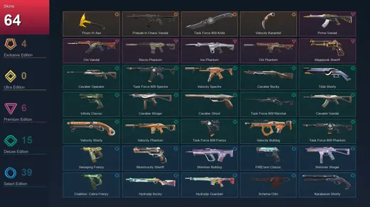AP | Prism III Axe | Prelude to Chaos Vandal | Task Force 809 Knife | Velocity Karambit | 64 Skin | 24 Agent | 96 Buddy | Lv221 — Valorant account