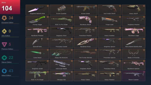 AP | Singularity Butterfly Knife | Arcane Gauntlets | Arcane Vandal | Neo Frontier Sheriff | 104 Skin | 27 Agent | 92 Buddy | Lv232