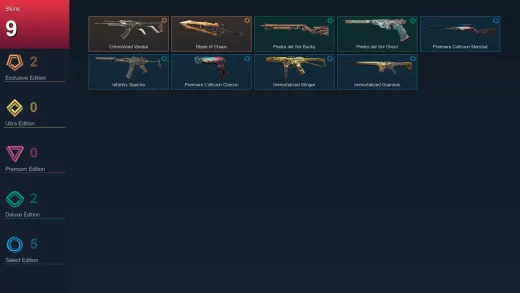 AP | ChronoVoid Vandal | Blade of Chaos | Piedra del Sol Bucky | Piedra del Sol Ghost | 9 Skin | 7 Agent | 4 Buddy | Lv16