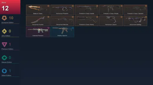 AP | Blade of Chaos | Nocturnum Phantom | Prelude to Chaos Vandal | Prelude to Chaos Stinger | 12 Skin | 20 Agent | 23 Buddy | Lv53