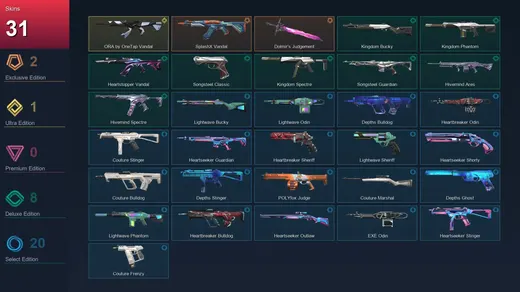 NA | SplashX Vandal | Dolmir's Judgement | ORA by OneTap Vandal | Kingdom Bucky | 31 Skin | 23 Agent | 46 Buddy | Lv44