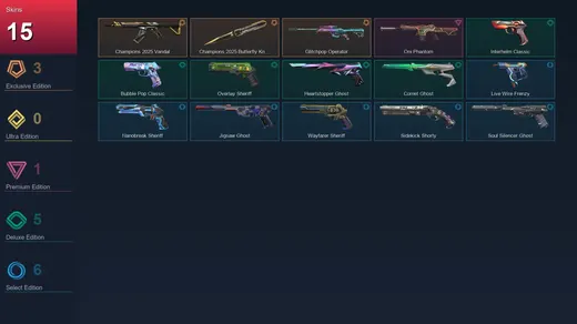 AP | Champions 2025 Vandal | Champions 2025 Butterfly Knife | Glitchpop Operator | Oni Phantom | 15 Skin | 28 Agent | 105 Buddy | Lv232