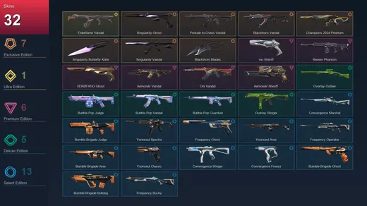 NA | Singularity Ghost | Prelude to Chaos Vandal | Blackthorn Vandal | Champions 2024 Phantom | 32 Skin | 19 Agent | 22 Buddy | Lv37