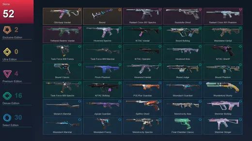 NA | Glitchpop Vandal | Bound | Radiant Crisis 001 Spectre | Soulstrife Ghost | 52 Skin | 22 Agent | 69 Buddy | Lv102