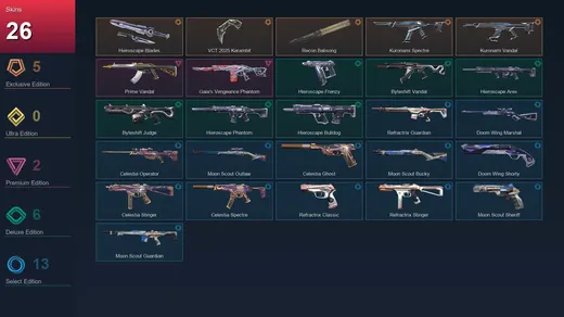 EU | Hieroscape Blades | VCT 2025 Karambit | Recon Balisong | Kuronami Spectre | 26 Skin | 16 Agent | 24 Buddy | Lv39