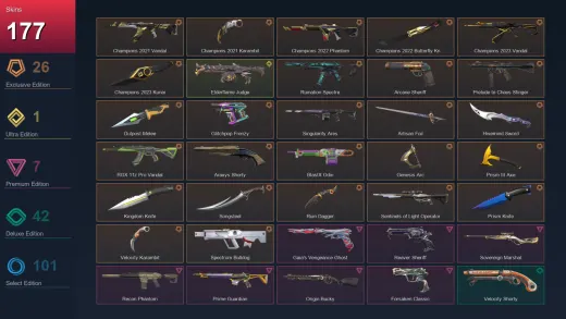 EU | Champions 2021 Vandal | Champions 2021 Karambit | Champions 2022 Phantom | 177 Skin | 24 Agent | 172 Buddy | Lv320