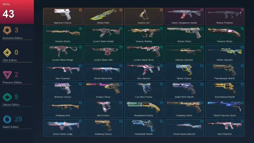 AP | Spectrum Classic | Striker Knife | Genesis Arc | Gaia's Vengeance Vandal | 43 Skin | 26 Agent | 89 Buddy | Lv205