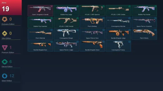 EU | Gaia's Vengeance Vandal | Bubble Pop Judge | ATLAS // CMD Spectre | ATLAS // CMD Outlaw | 19 Skin | 10 Agent | 22 Buddy | Lv29