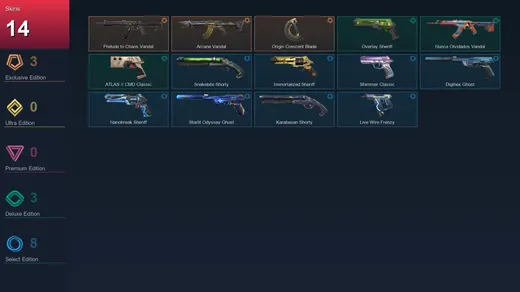 AP | Prelude to Chaos Vandal | Arcane Vandal | Origin Crescent Blade | Overlay Sheriff | 14 Skin | 27 Agent | 86 Buddy | Lv215 — Valorant account
