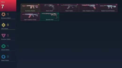 AP | Mystbloom Phantom | Reaver Sheriff | Reaver Vandal | Gaia's Vengeance Ghost | 7 Skin | 23 Agent | 37 Buddy | Lv92
