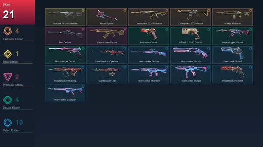 AP | Heart Splitter | Champions 2024 Phantom | Champions 2025 Vandal | Araxys Phantom | 21 Skin | 28 Agent | 59 Buddy | Lv141