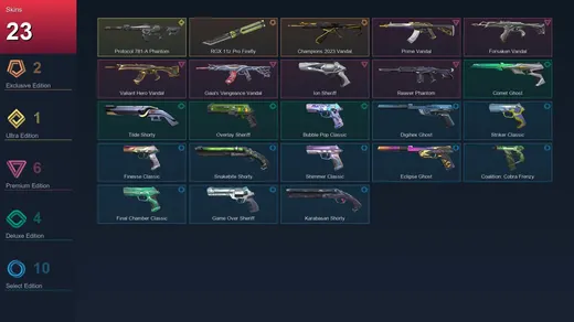 AP | RGX 11z Pro Firefly | Champions 2023 Vandal | Protocol 781-A Phantom | Prime Vandal | 23 Skin | 27 Agent | 89 Buddy | Lv209 — Valorant account
