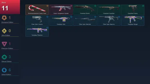 EU | Winterwunderland Candy Cane | Gaia's Vengeance Vandal | Guardrail Shorty | Guardrail Guardian | 11 Skin | 11 Agent | 13 Buddy | Lv29