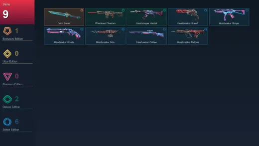 EU | Orion Sword | Wasteland Phantom | Heartstopper Vandal | Heartbreaker Sheriff | 9 Skin | 12 Agent | 17 Buddy | Lv34