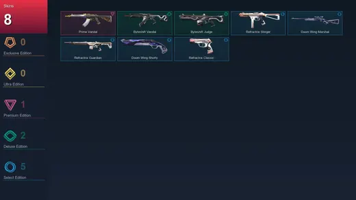 AP | Prime Vandal | Byteshift Vandal | Byteshift Judge | Refractrix Stinger | 8 Skin | 13 Agent | 26 Buddy | Lv39