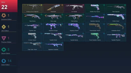 LA | Tilde Knife | Protocol 781-A Spectre | Ion Vandal | Bubble Pop Classic | 22 Skin | 26 Agent | 61 Buddy | Lv135