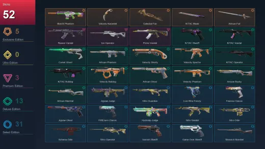 AP | BlastX Phantom | Velocity Karambit | Celestial Fan | K/TAC Blade | 52 Skin | 27 Agent | 92 Buddy | Lv173