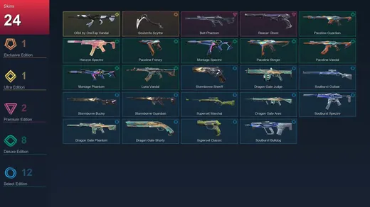 AP | Soulstrife Scythe | ORA by OneTap Vandal | Bolt Phantom | Reaver Ghost | 24 Skin | 12 Agent | 16 Buddy | Iron III | Lv29