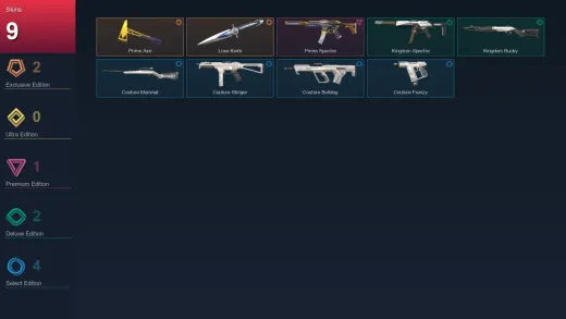 NA | Prime Axe | Luxe Knife | Prime Spectre | Kingdom Spectre | 9 Skin | 7 Agent | 10 Buddy | Lv1