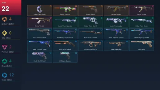 EU | Iridian Thorn Blade | BlastX Phantom | Arcane Sheriff | Arcane Vandal | 22 Skin | 28 Agent | 83 Buddy | Lv173
